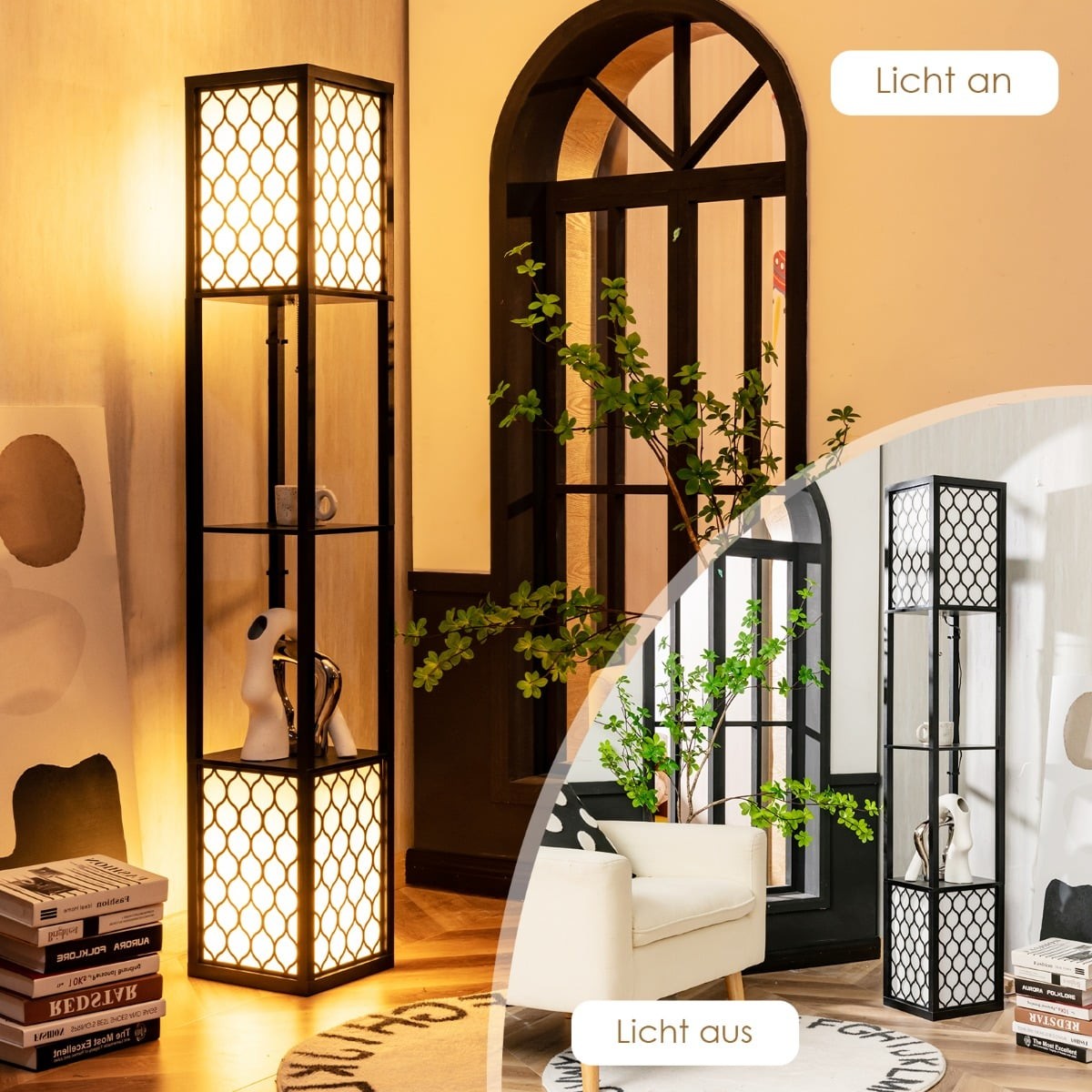 Floor Lamp with Shelves, Dual Light, White Shade, 156 cm