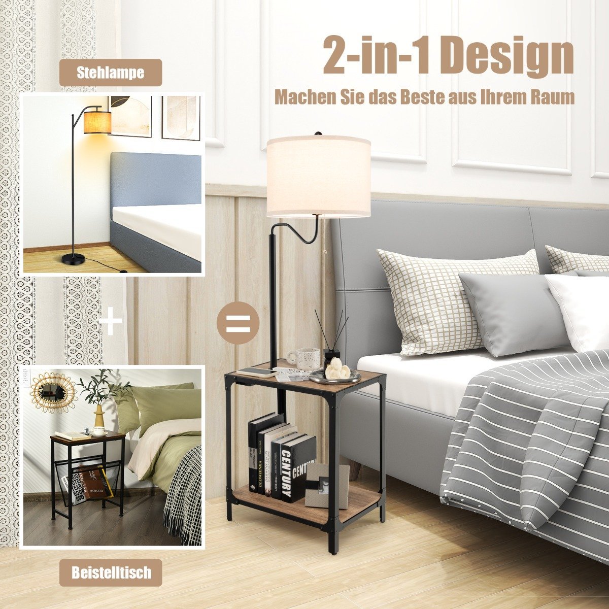 Floor Lamp with Side Table, USB Ports, 360° Rotating Arm