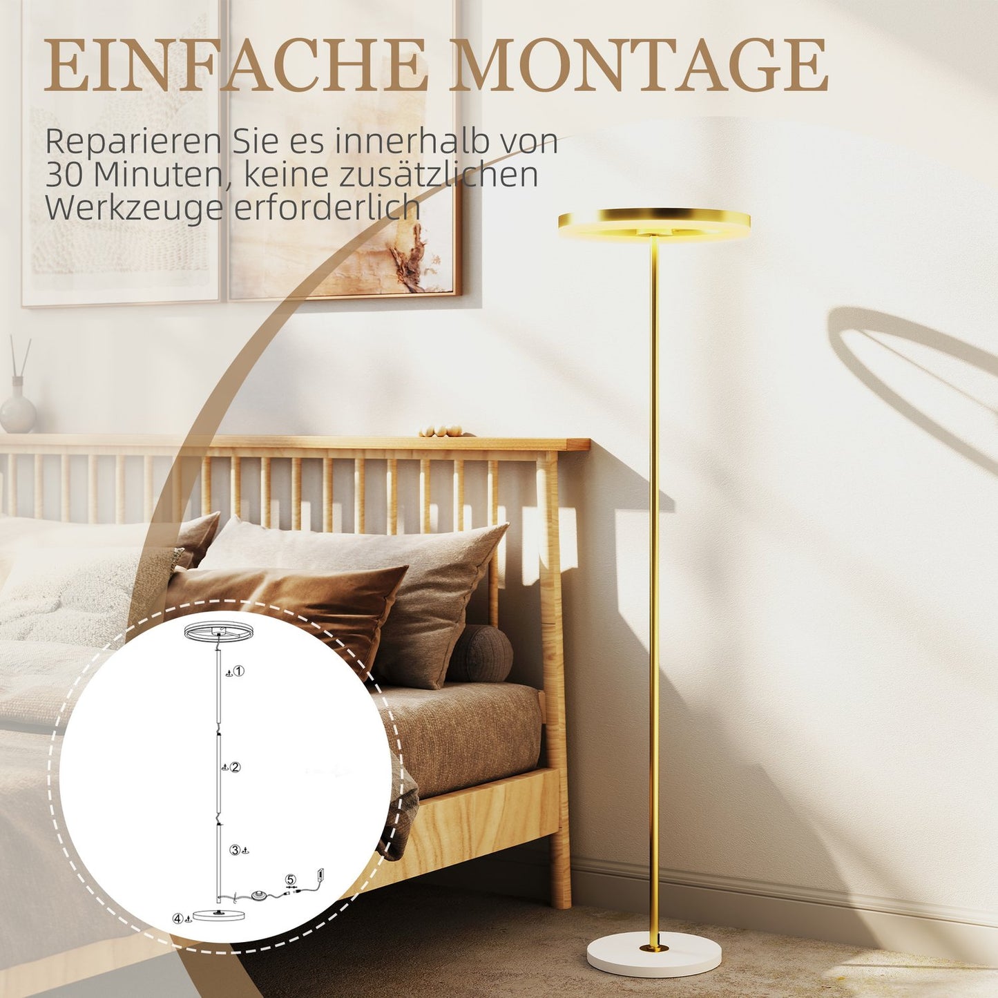 Floor lamp, foot switch, metal structure, acrylic shade, 4000K, dimmable, gold-colored