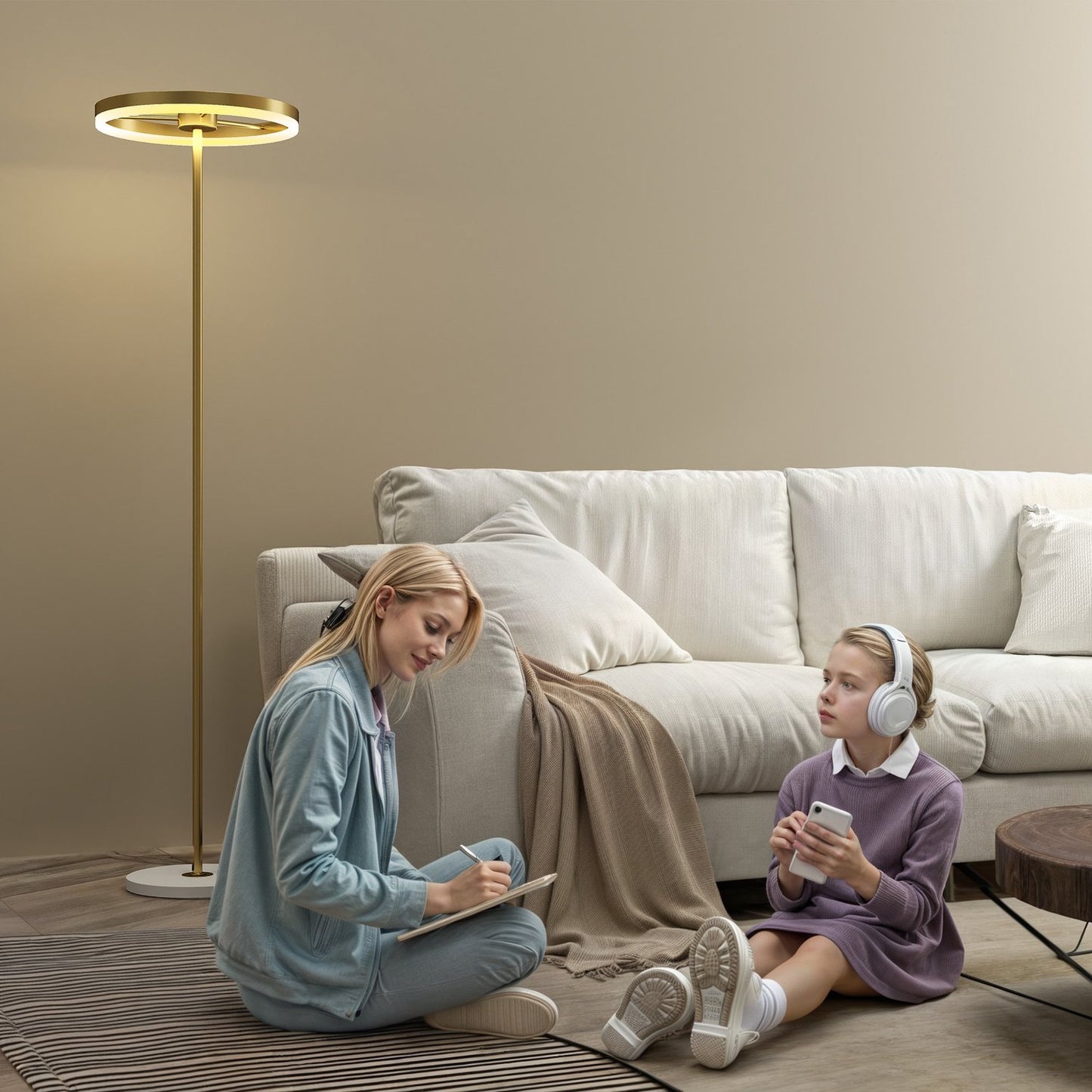 Floor lamp, foot switch, metal structure, acrylic shade, 4000K, dimmable, gold-colored