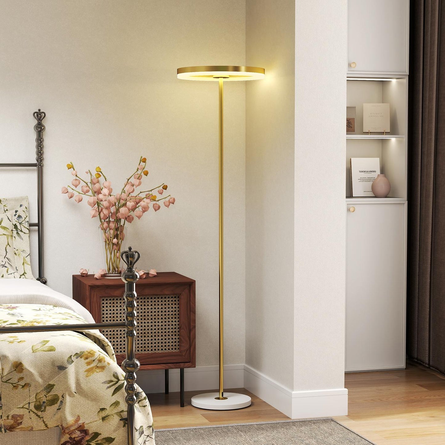 Floor lamp, foot switch, metal structure, acrylic shade, 4000K, dimmable, gold-colored