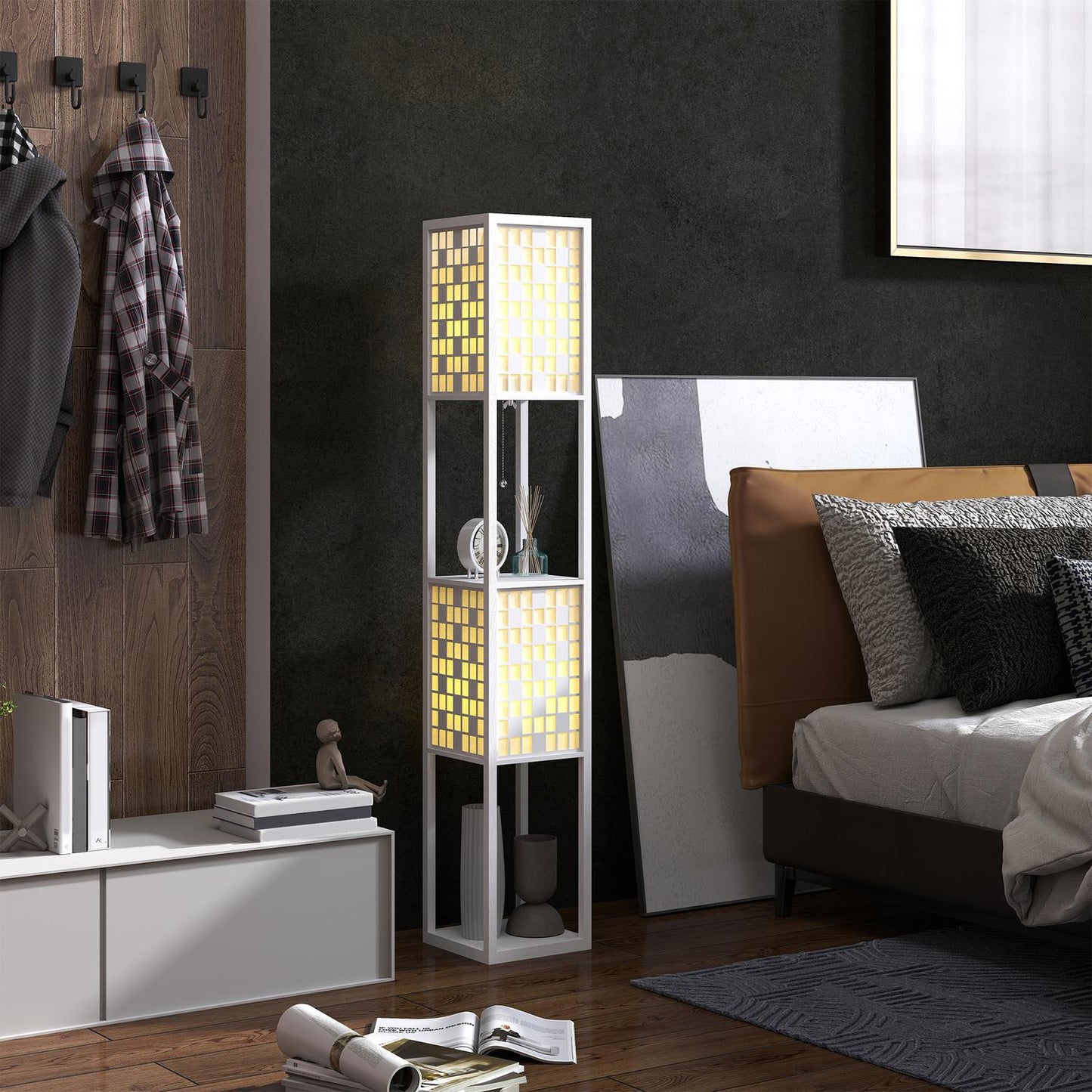 Floor Lamp with Lattice Shade and Dual Shelves, White