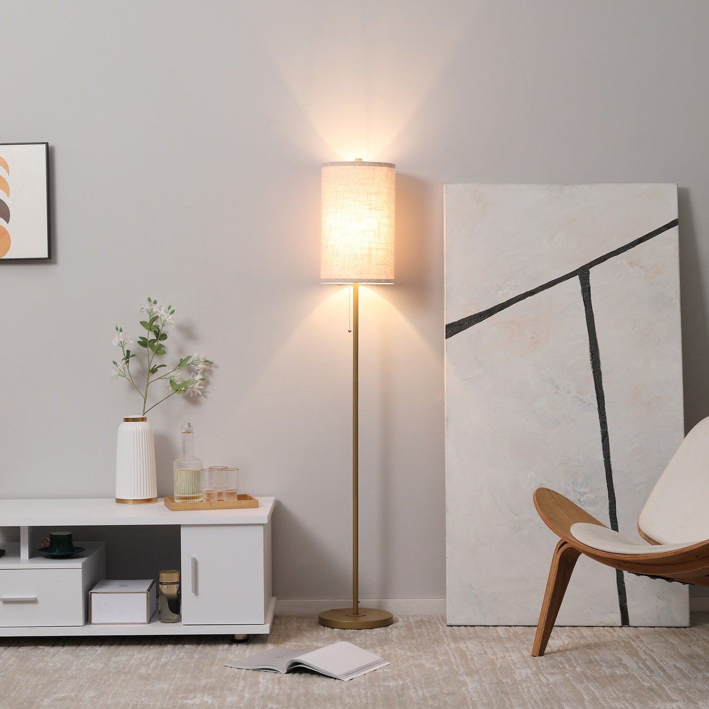Floor lamp with linen shade, zipper and steel stand