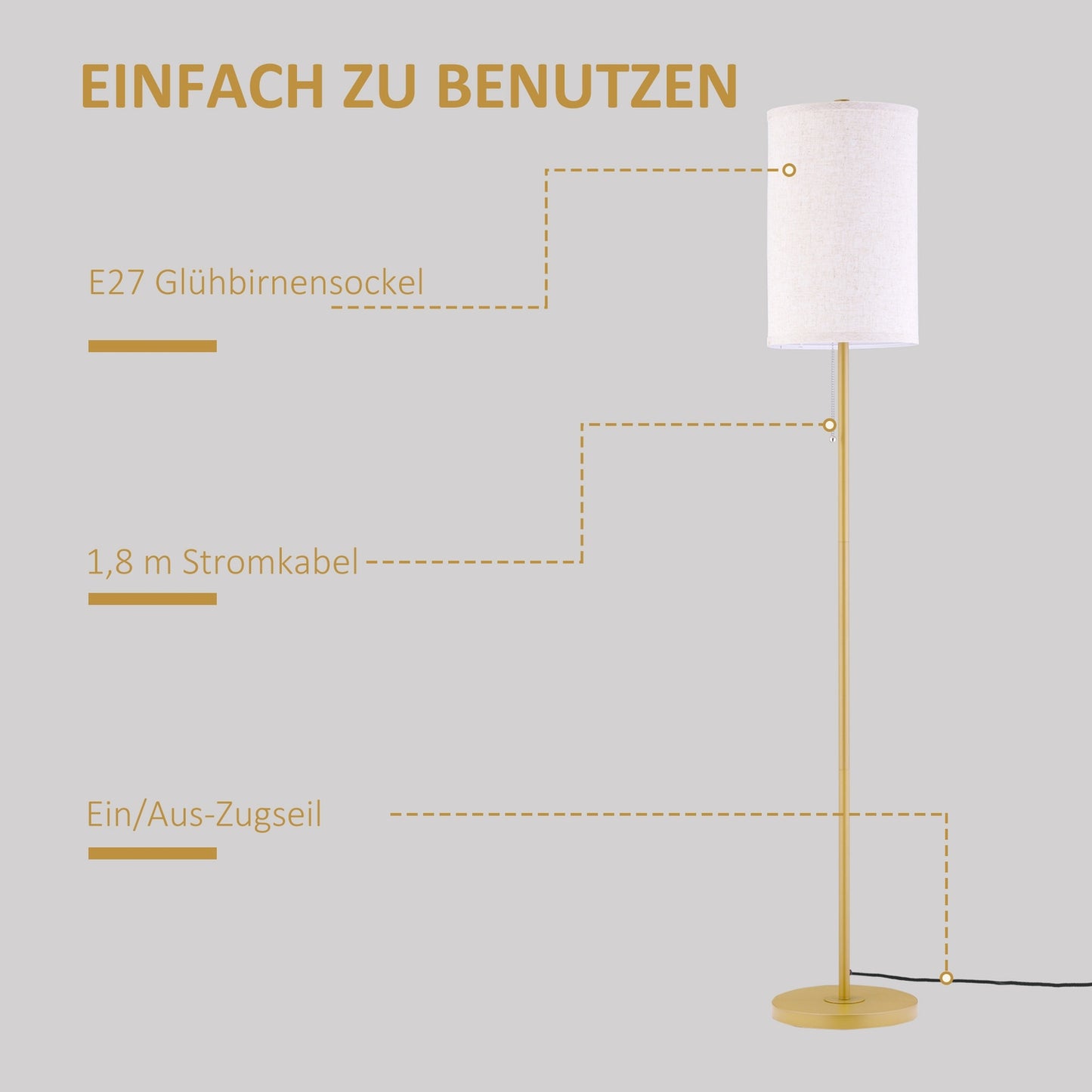 Floor lamp with linen shade, zipper and steel stand