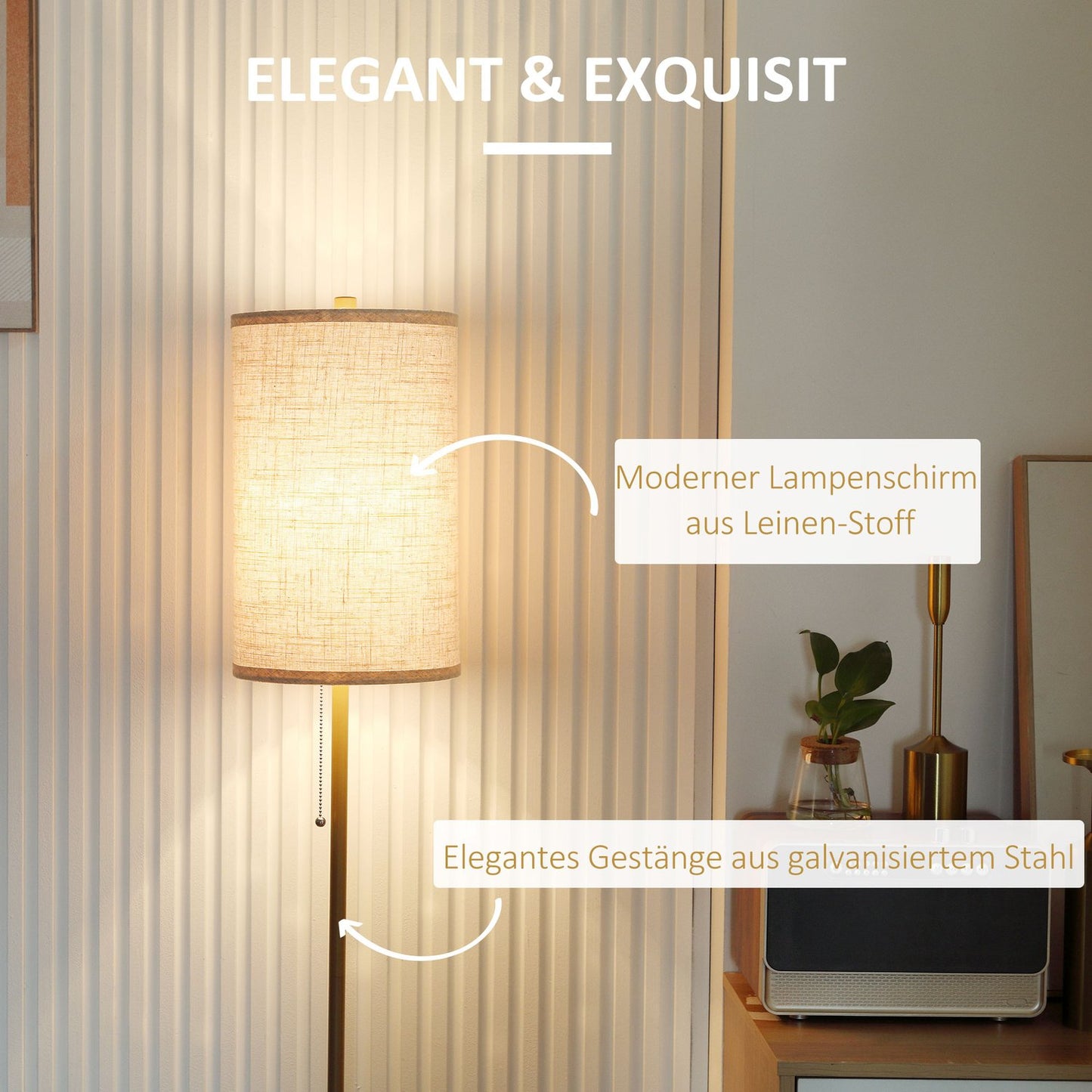 Floor lamp with linen shade, zipper and steel stand