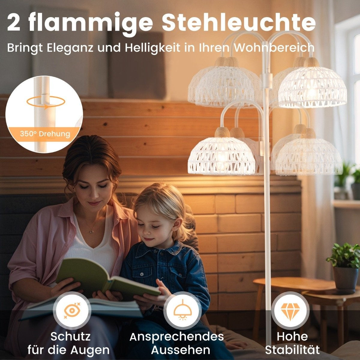 Floor lamp with 2 lights & foot switch 350° rotatable tree lamp woven lampshades