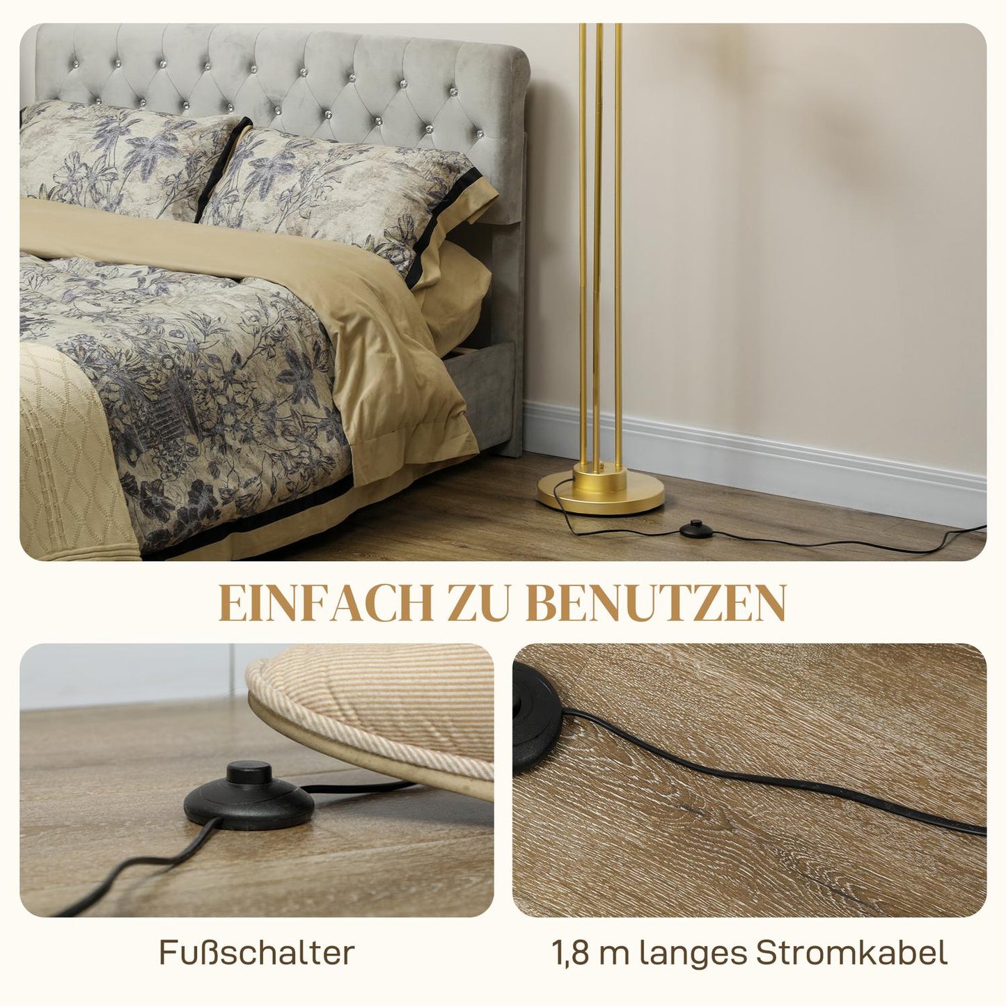 Floor lamp with rotating shades - 120W, gold, 1.65m