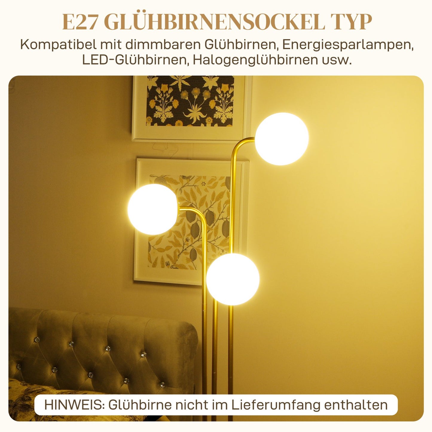 Floor lamp with rotating shades - 120W, gold, 1.65m