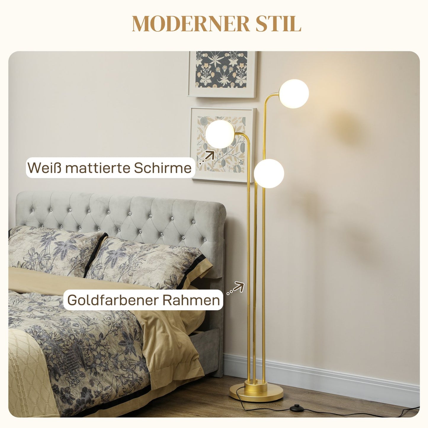 Floor lamp with rotating shades - 120W, gold, 1.65m