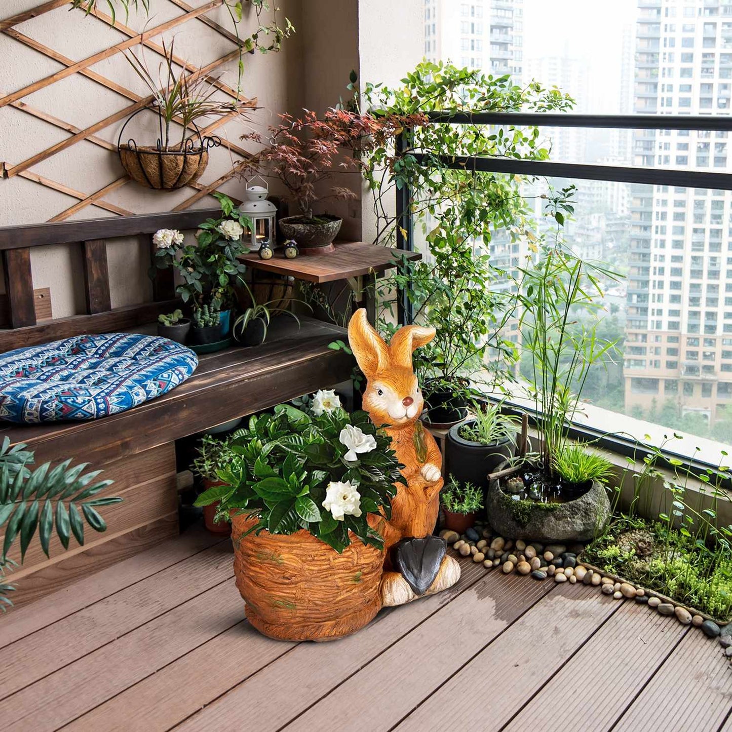 Rabbit with Wicker Basket Flower Pot - Herb Planter, MGO