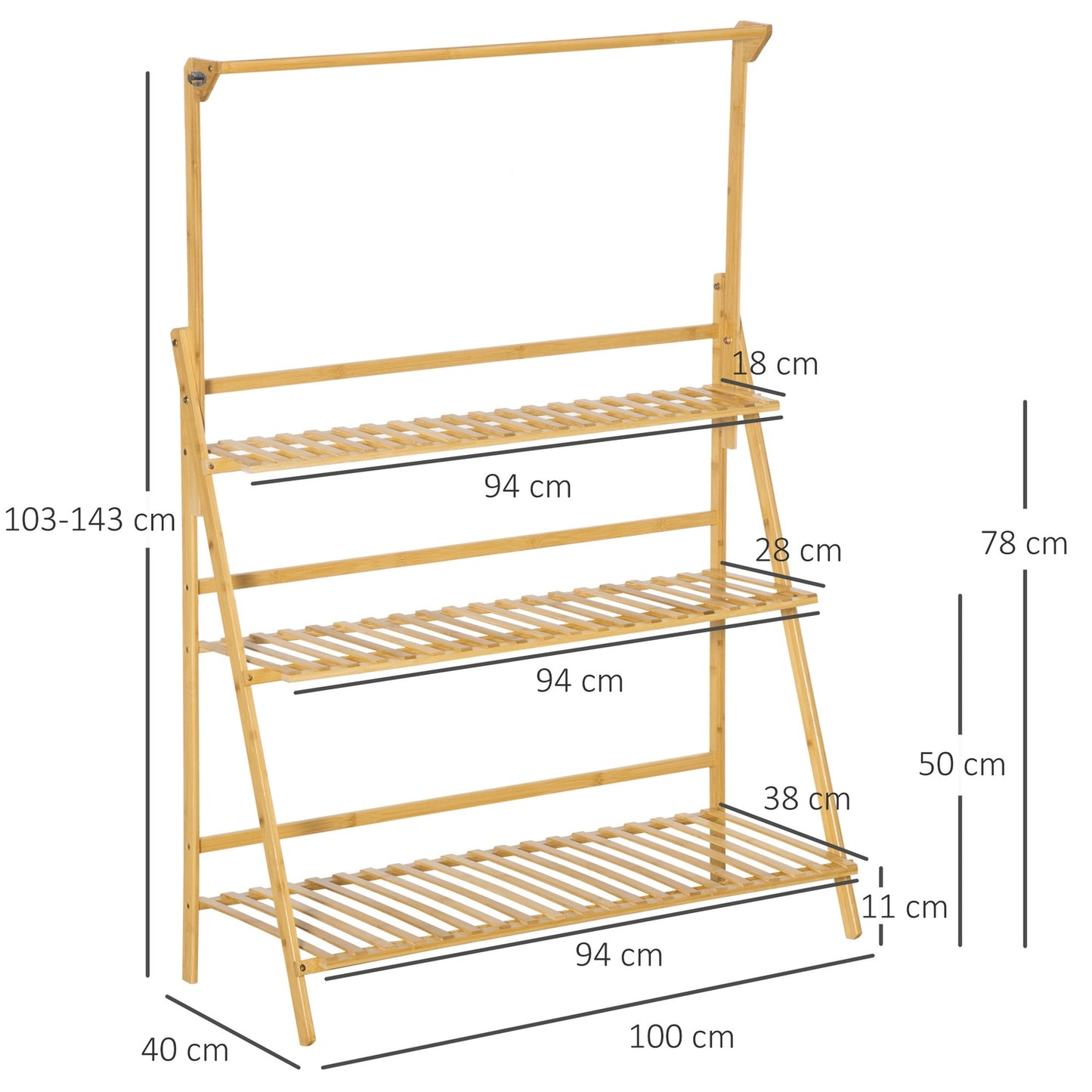 Wooden ladder shelf with flowers - adjustable height, natural bamboo
