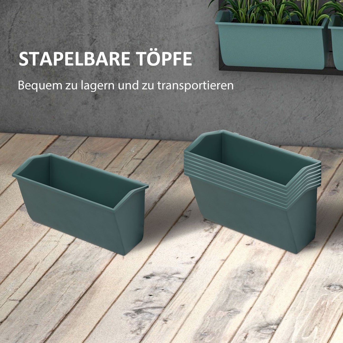 Wall-hung flower stand with 8 pots - Dark green