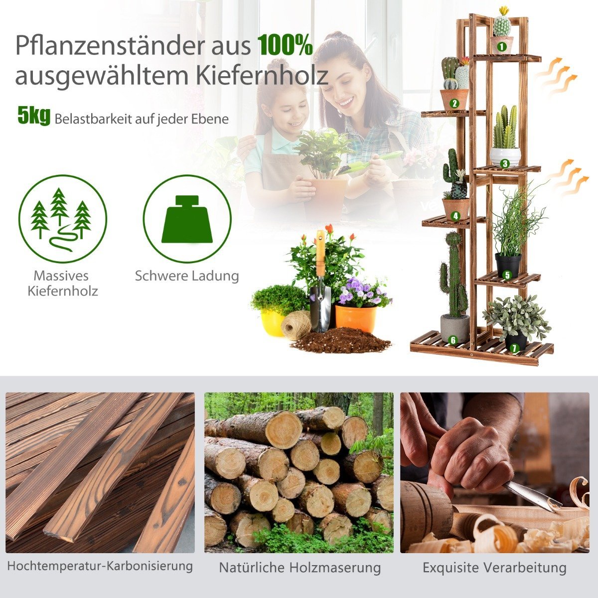 Flower shelf 6-tier wooden plant stand 50 x 21 x 124 cm brown
