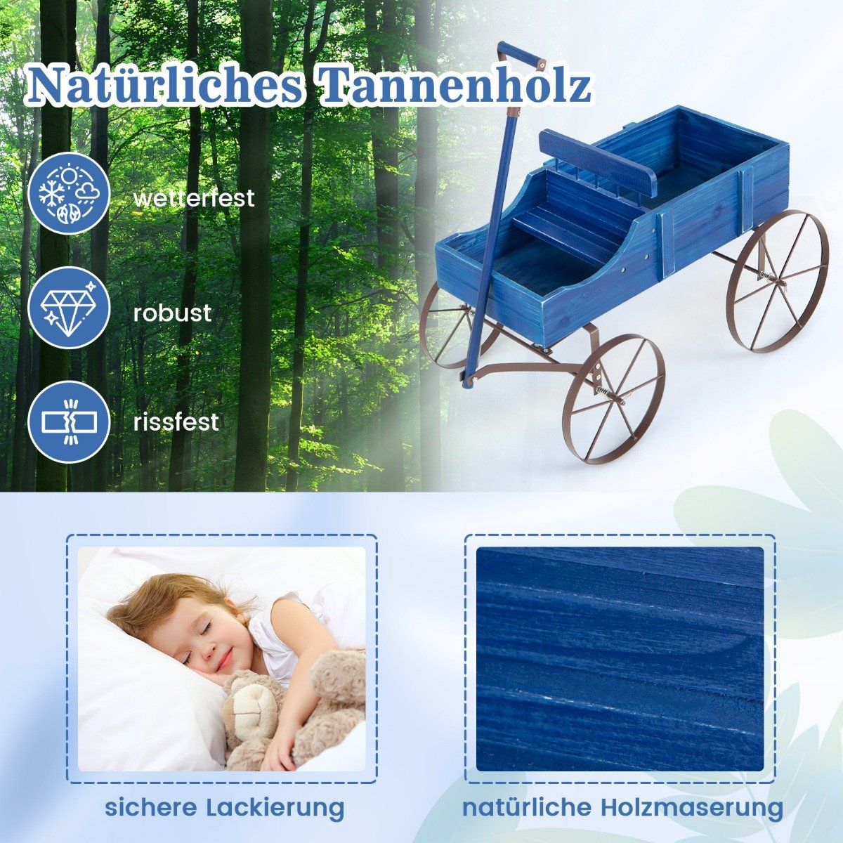 Flower stand wooden trolley plant trolley flower trolley with metal wheels 62 x 34 x 60 cm blue