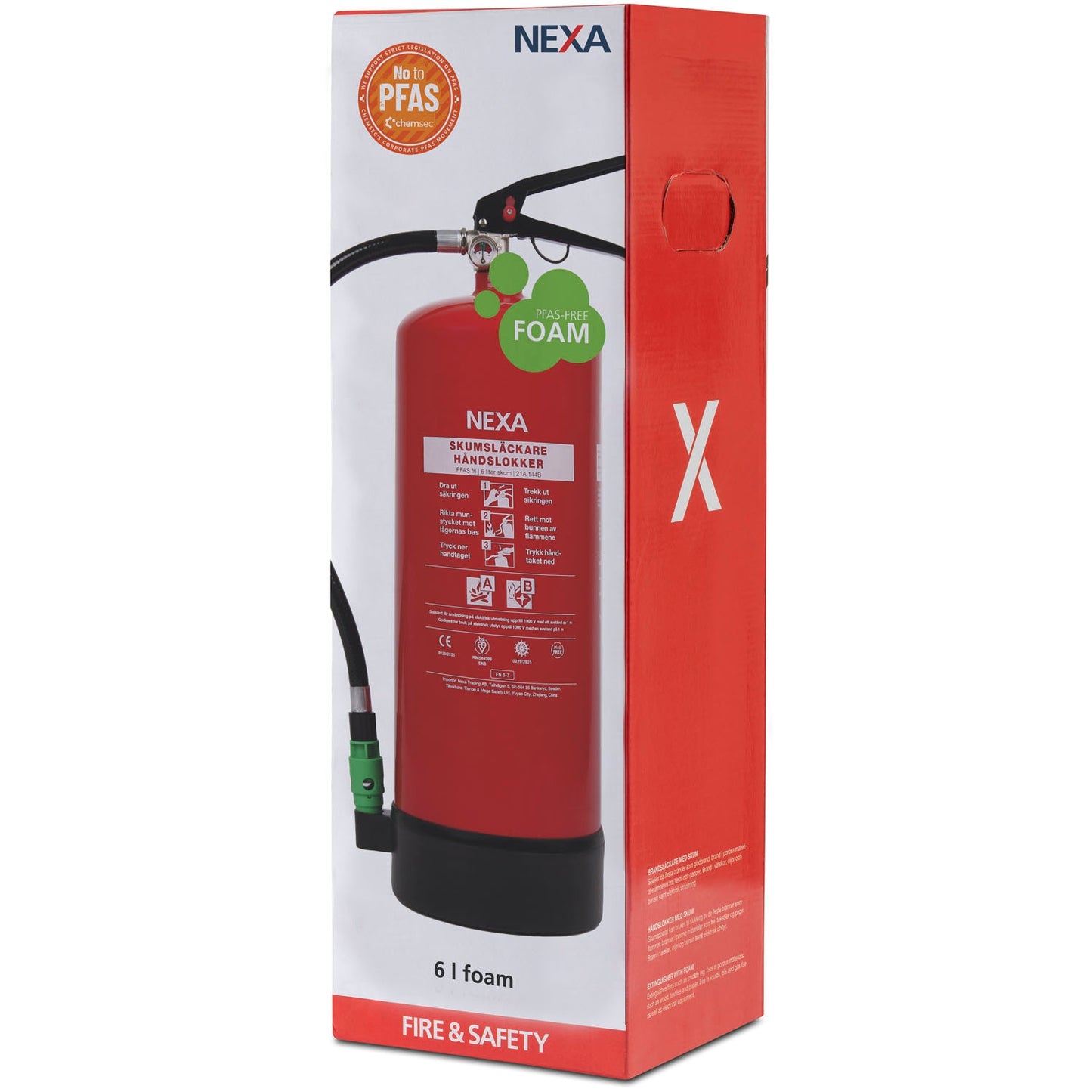 Foam Fire Extinguisher, Red, 6L, PFAS-Free, 21A 144B