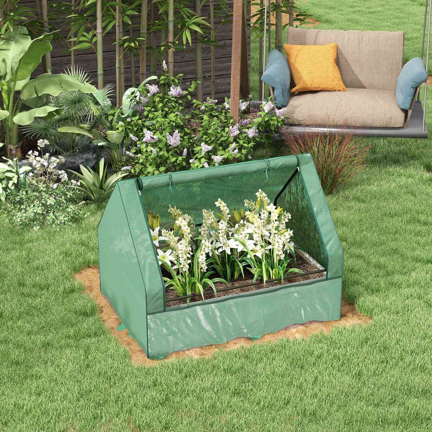 Raised greenhouse with rolling windows for garden, green