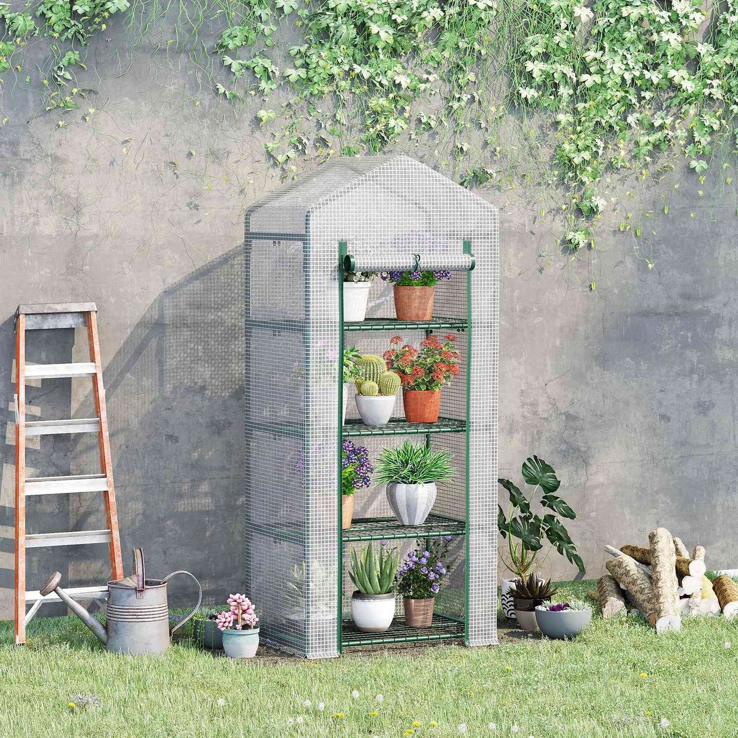 White 4-shelf greenhouse, foil cover, 70x50x160 cm