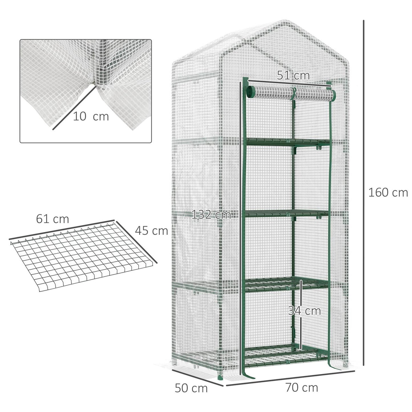 White 4-shelf greenhouse, foil cover, 70x50x160 cm