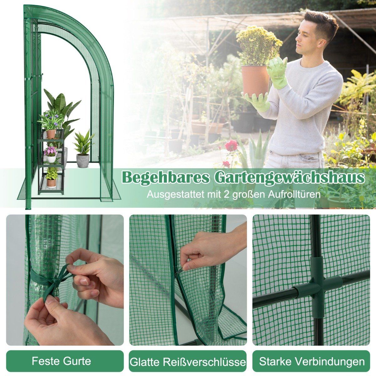 Foil greenhouse Walk-in mini greenhouse with flower shelf 198.5 x 98 x 215 cm green