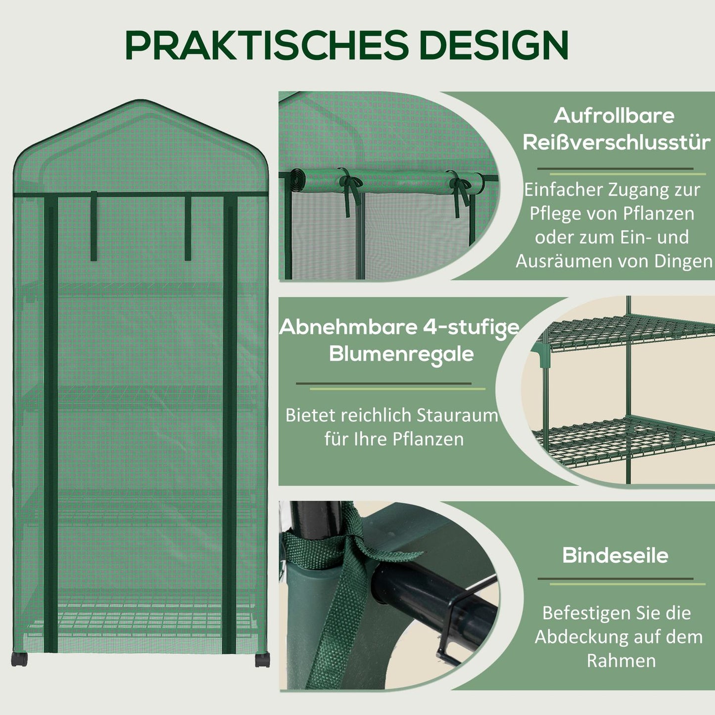 Foil greenhouse with roller and 4 shelves, steel frame, 69x50x165 cm