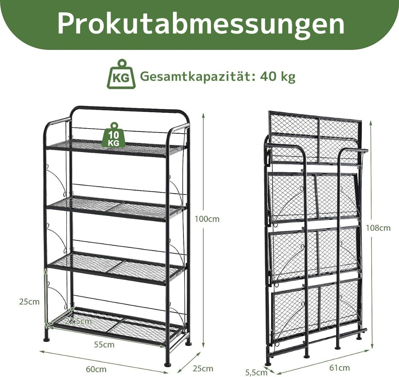 Foldable 4-tier metal plant stand with adjustable shelf can hold up to 40 kg