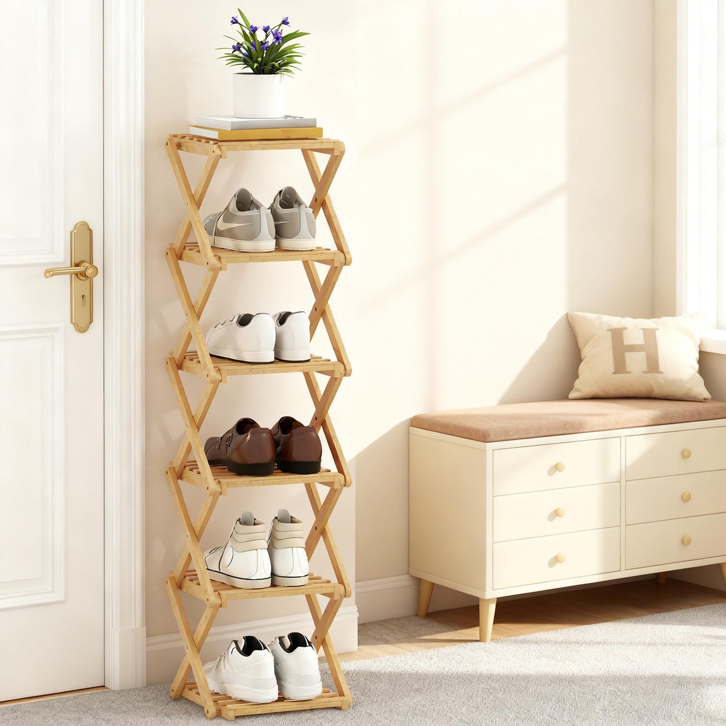 Foldable Bamboo Shoe Rack, 6-Tier, Holds 9 Pairs, 30x29x108 cm