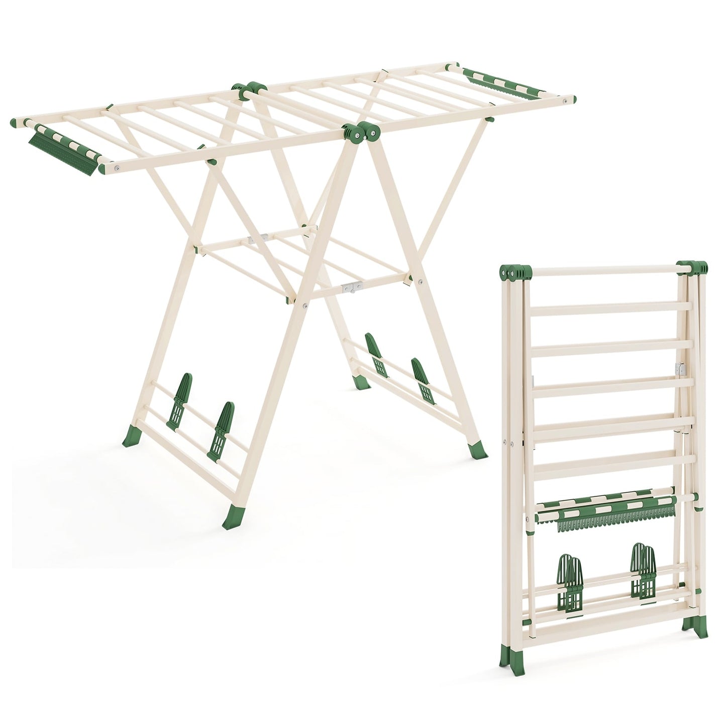 Foldable Clothes Drying Rack with Adjustable Wings, Beige