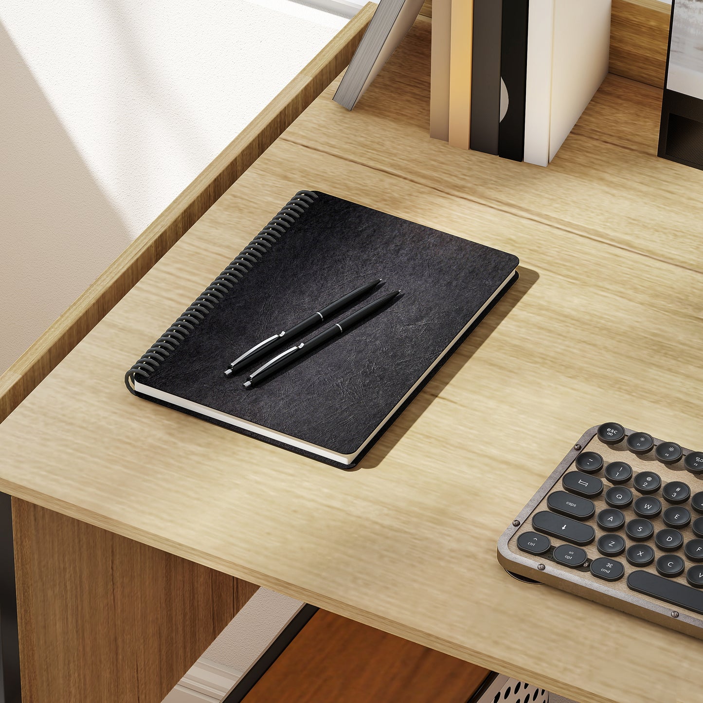 Foldable Computer Desk with 2 Extendable Panels, Oak/Black