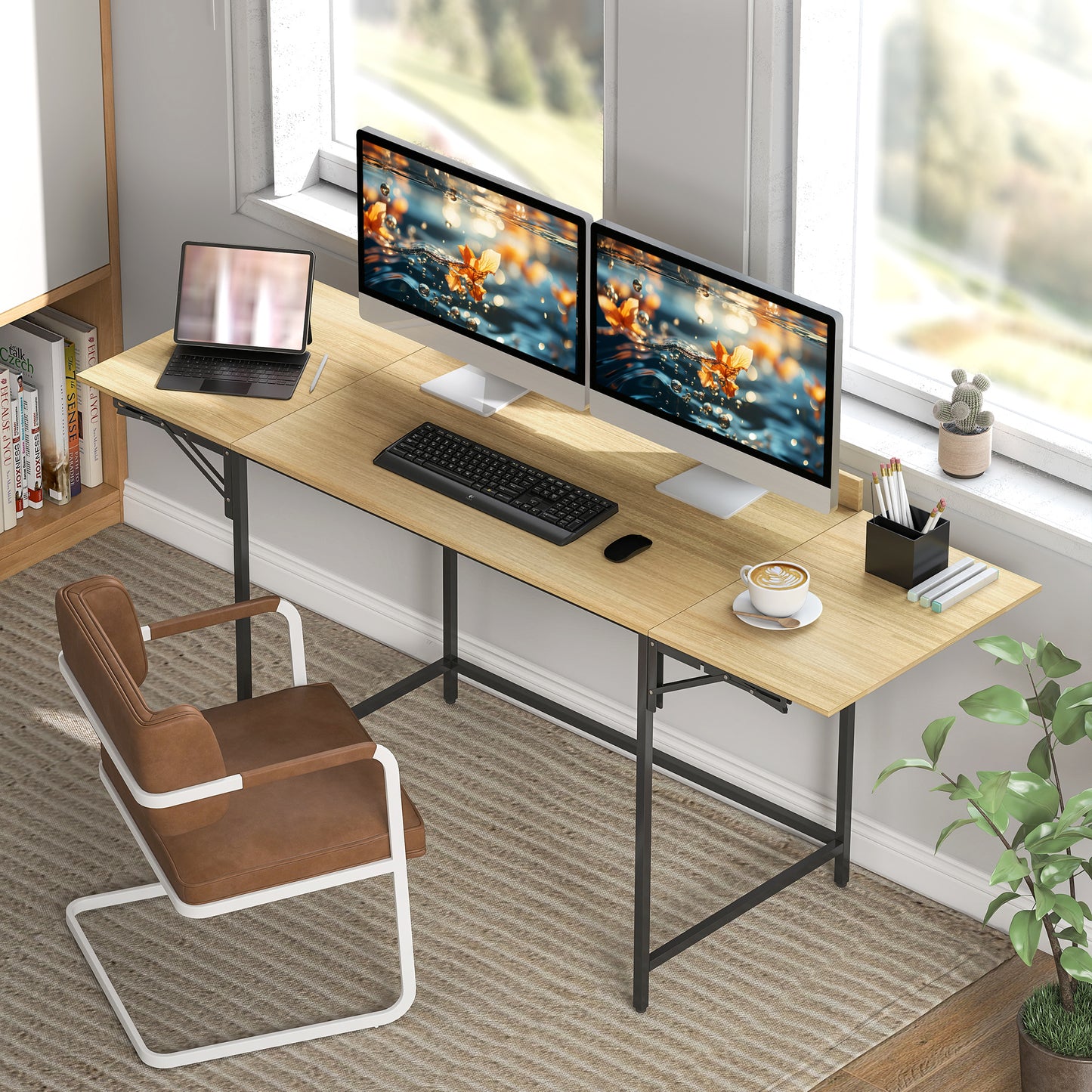 Foldable Computer Desk with 2 Extendable Panels, Oak/Black