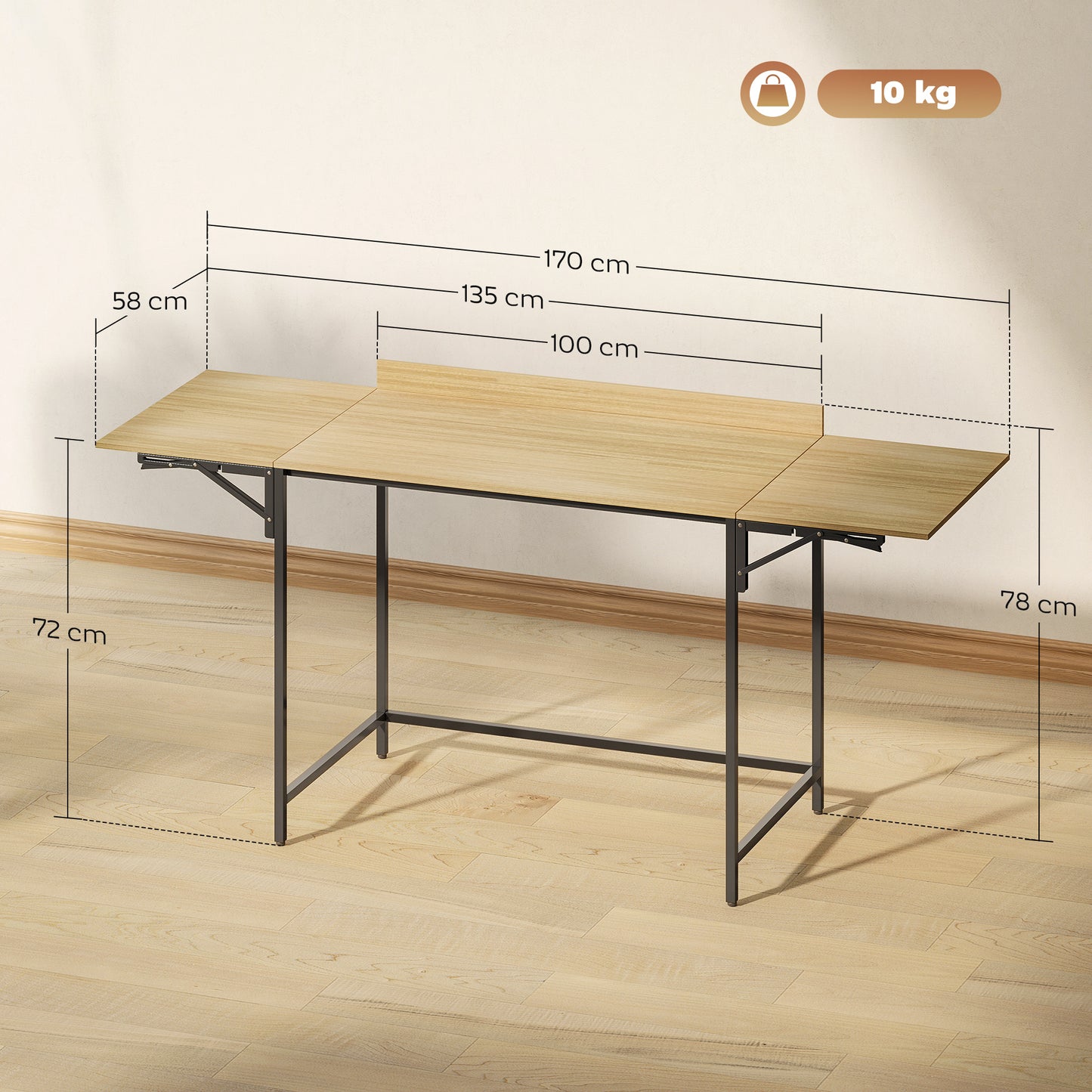Foldable Computer Desk with 2 Extendable Panels, Oak/Black