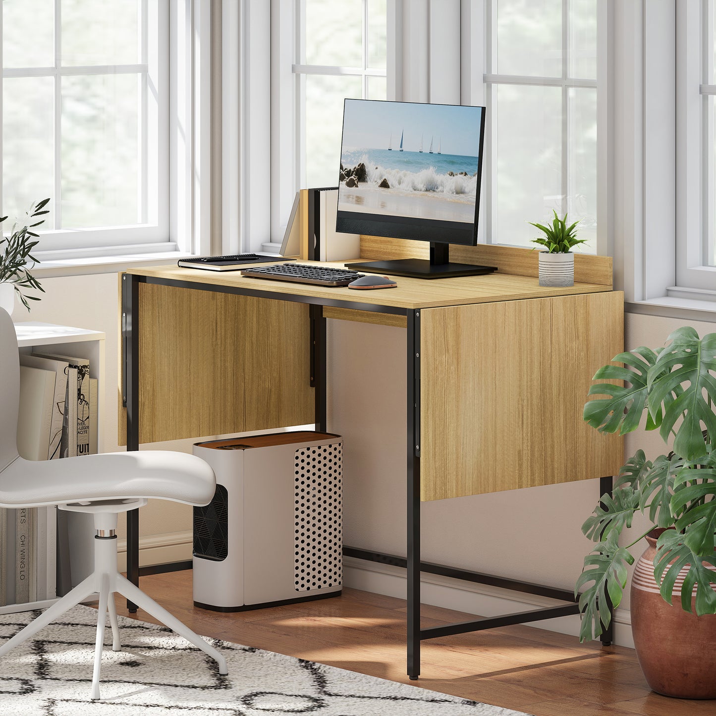 Foldable Computer Desk with 2 Extendable Panels, Oak/Black