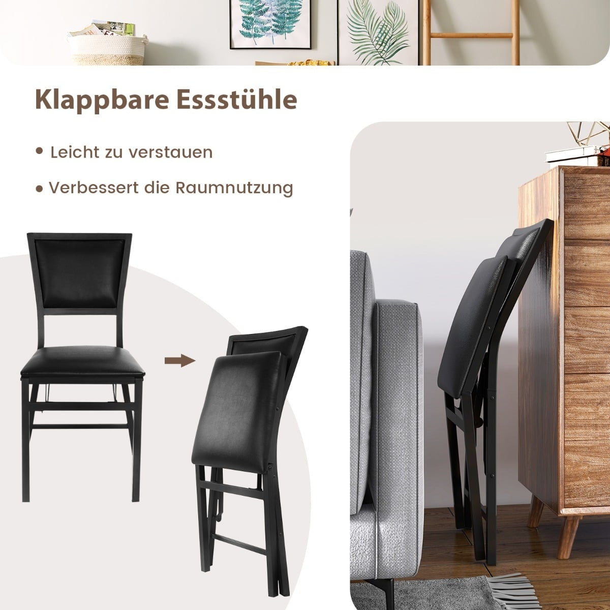 Foldable Dining Chairs Set of 2, Metal Frame, Padded Seats
