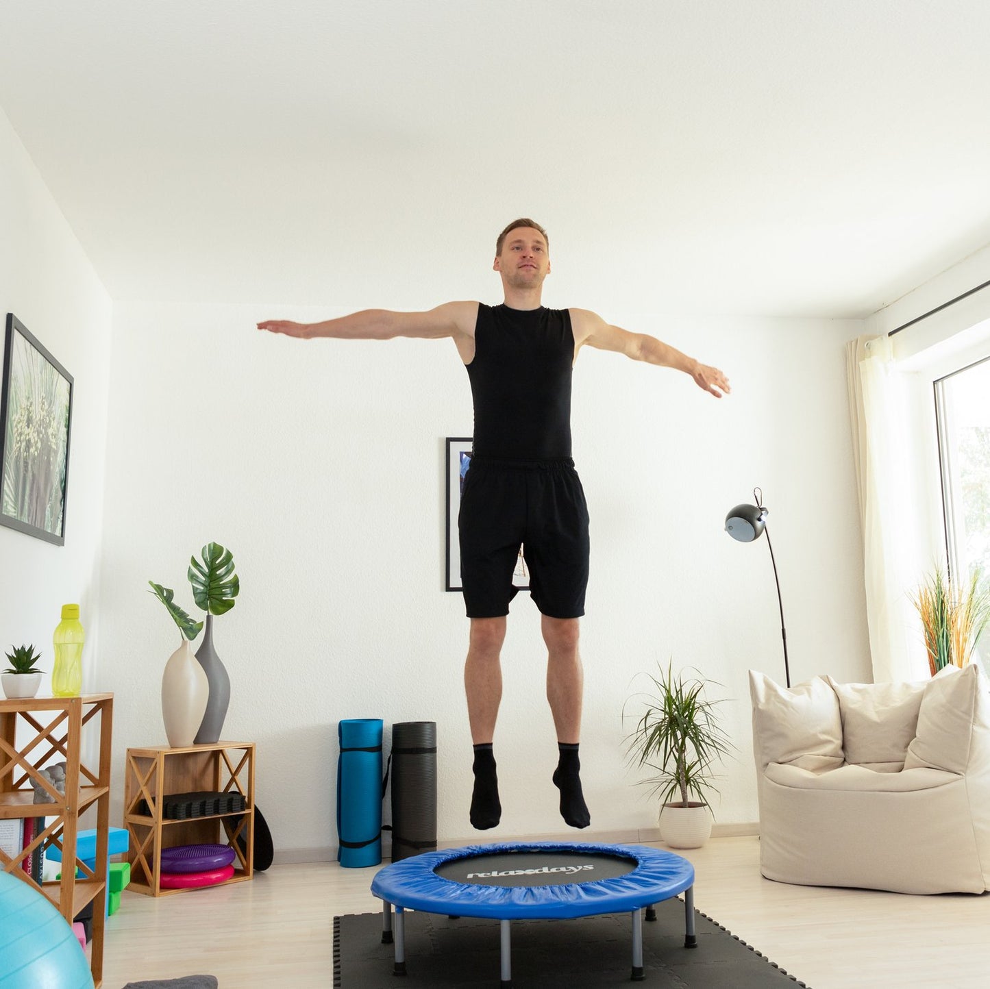 Foldable Fitness Trampoline, Blue-Black, Indoor Exercise Trampoline Rebounder