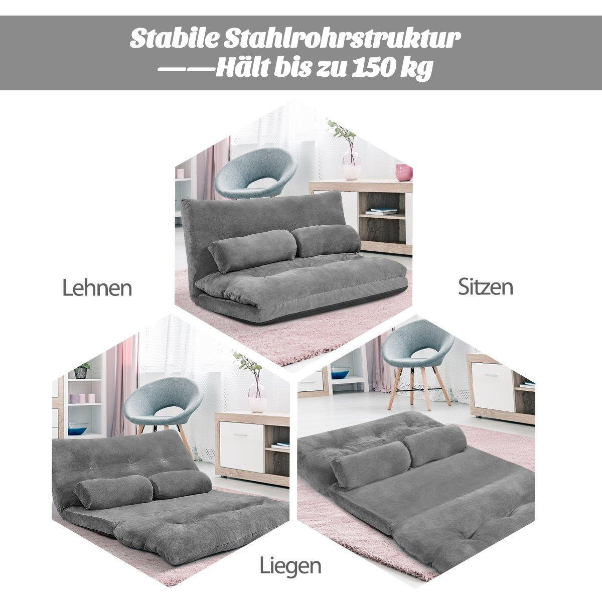 Foldable Floor Sofa Bed, Adjustable Backrest, Gray