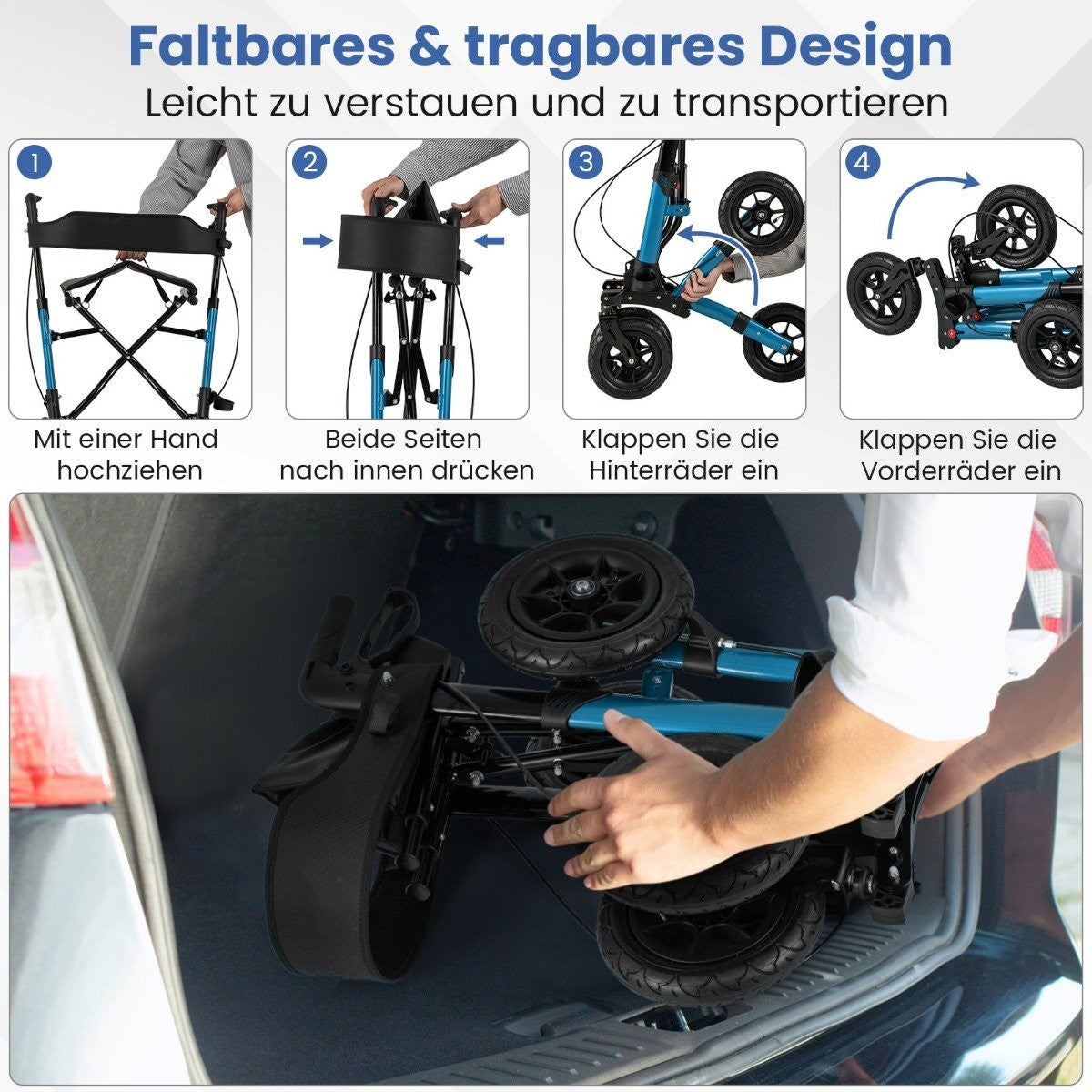 Foldable Lightweight Rollator with Air Tires, Aluminum, 140 kg Capacity