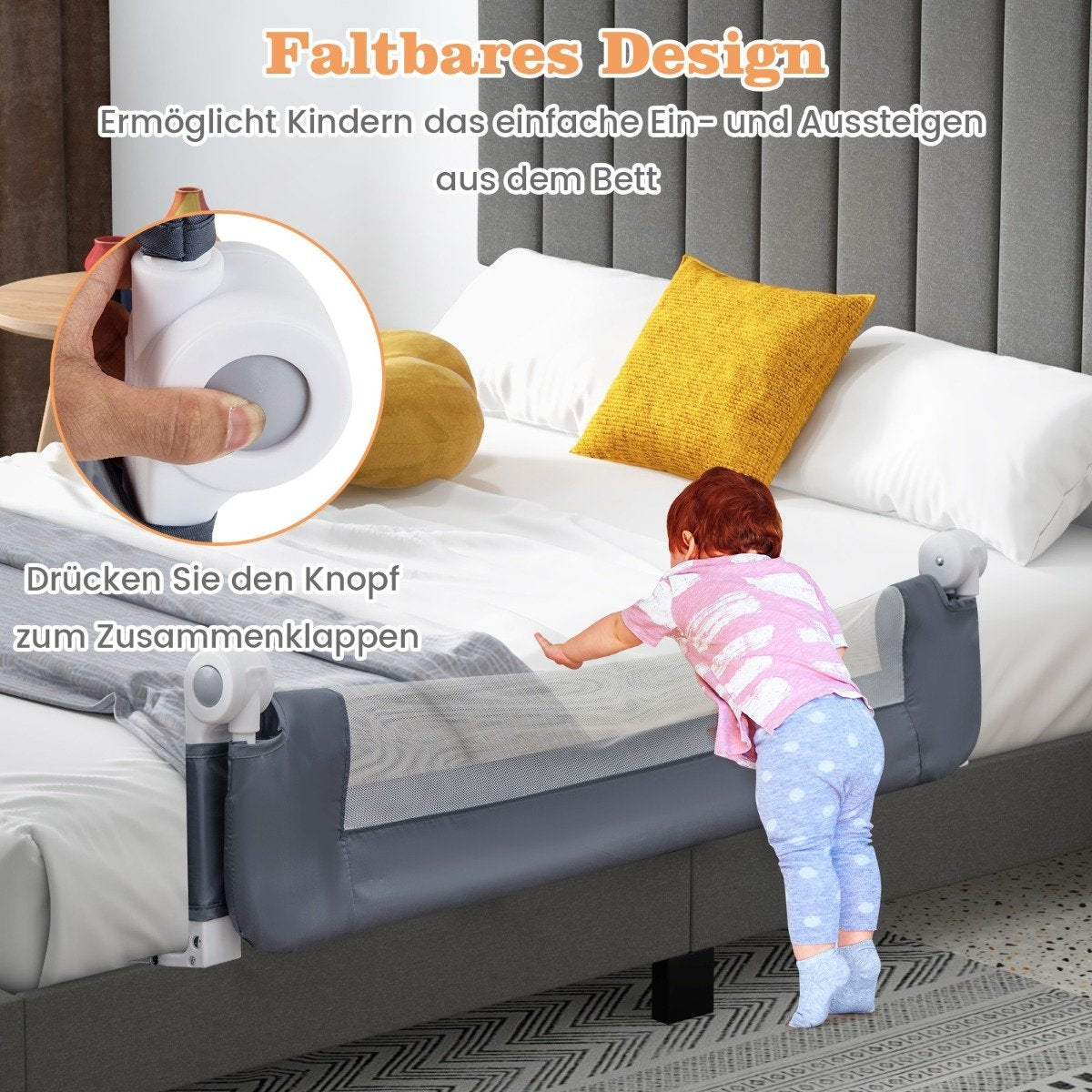 Foldable Toddler Bed Rail with Adjustable Straps, 121x40.5x42 cm, Gray
