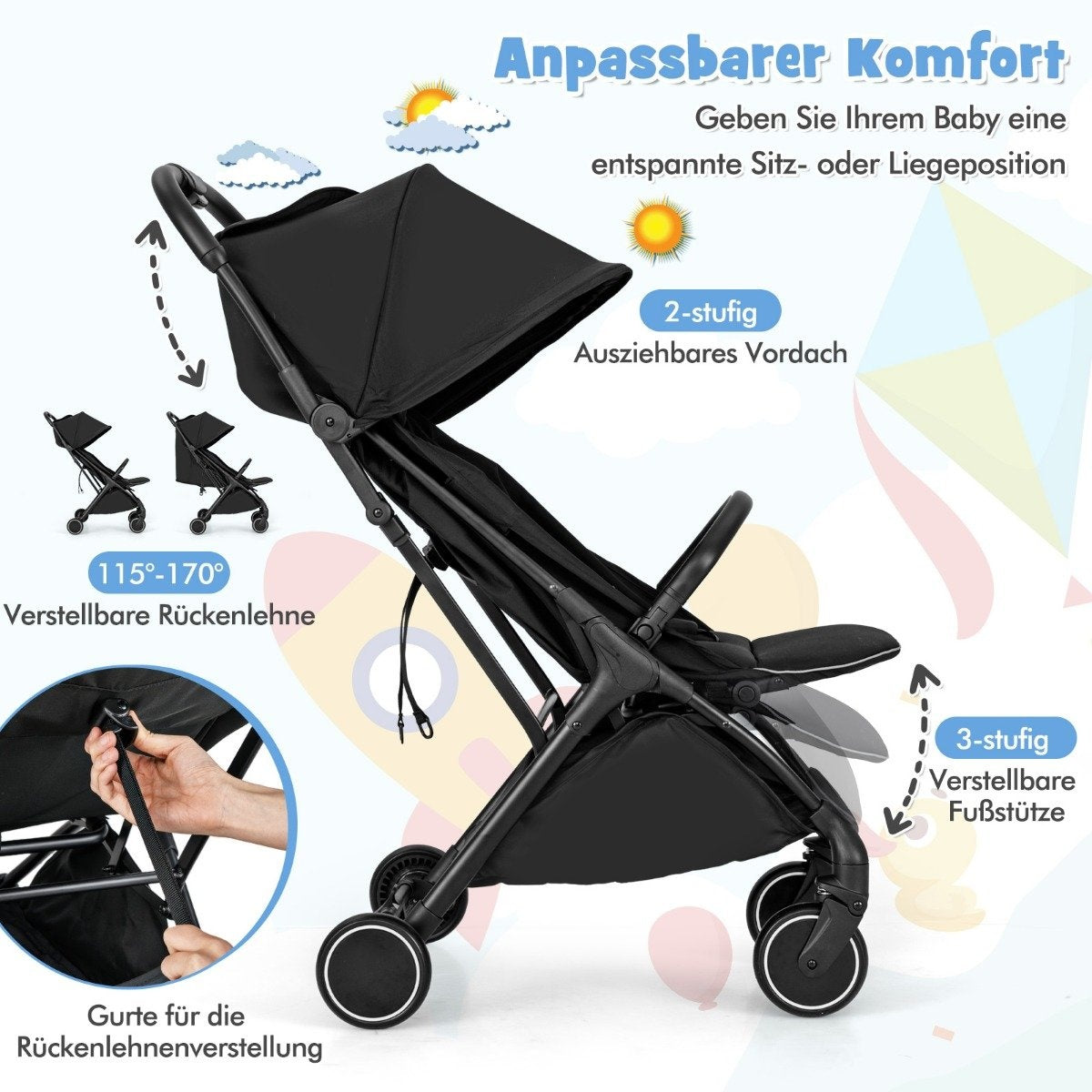 Foldable Travel Stroller with Reclining Seat, Black