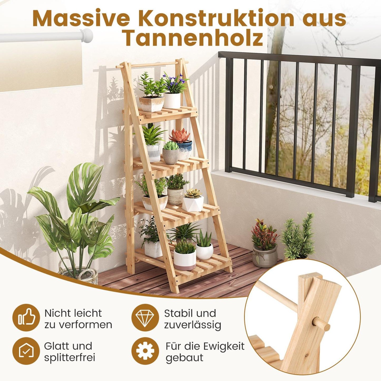 Foldable Wooden Plant Stand with 4 Shelves, 52x38x109 cm
