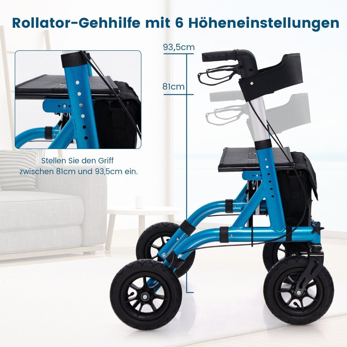 Foldable and lightweight rollator with aluminum seat up to 136kg, travel rollator blue