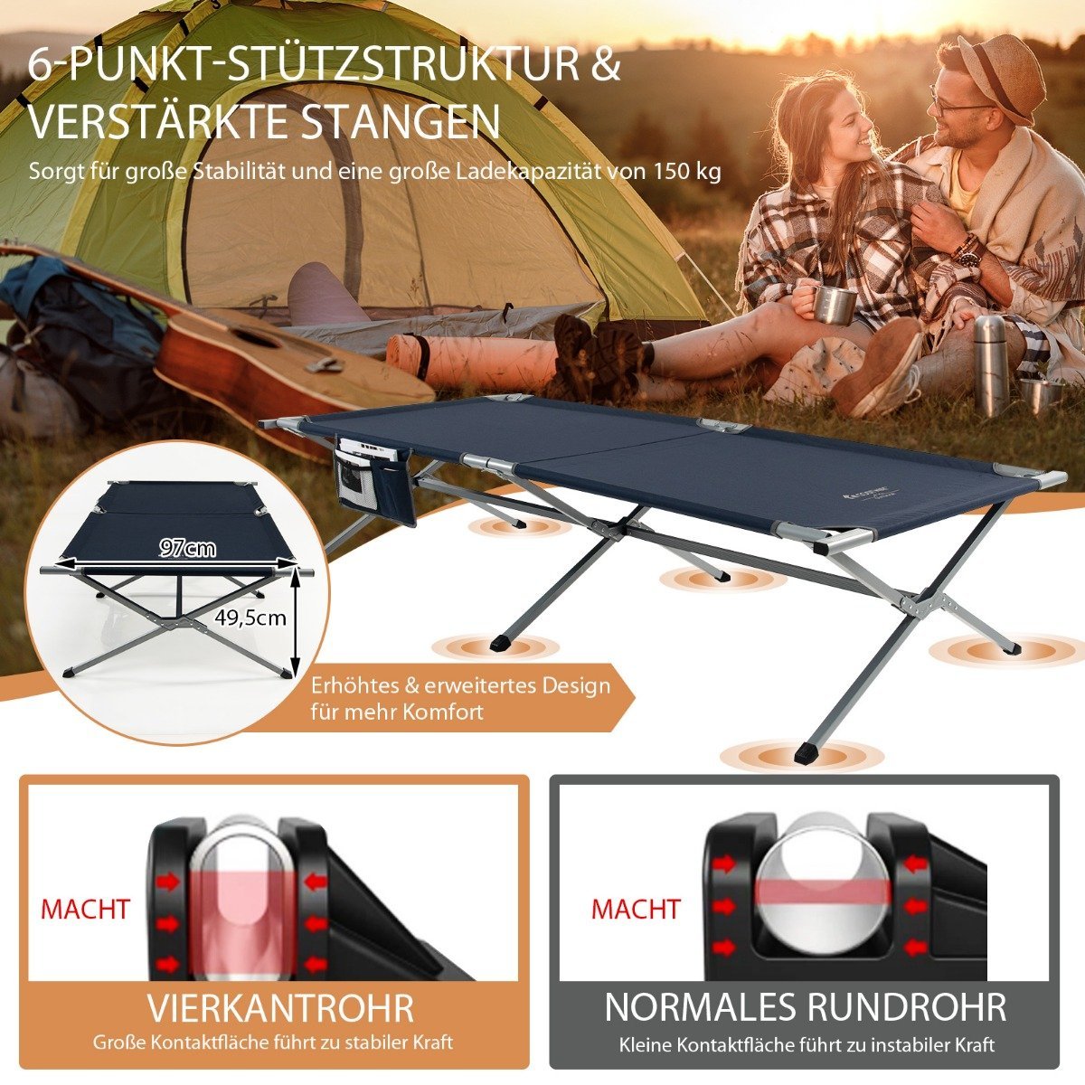 Foldable camp bed XXL 214.5 x 106 cm camping bed with side pocket