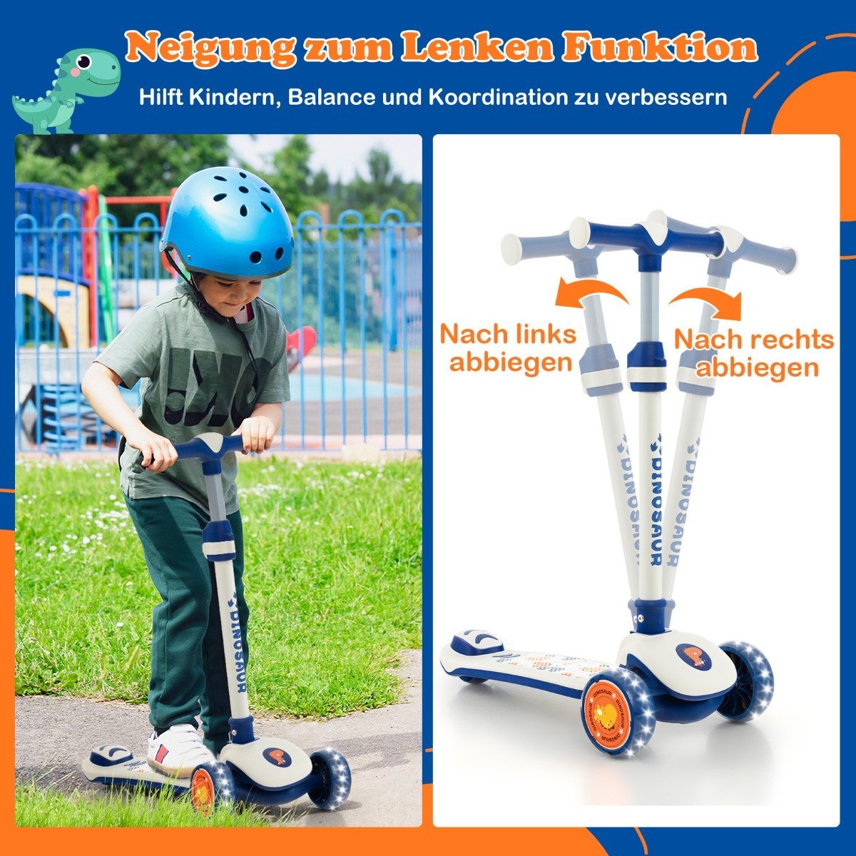Foldable children's scooter with PU LED wheels and rear brake, height-adjustable scooter, white