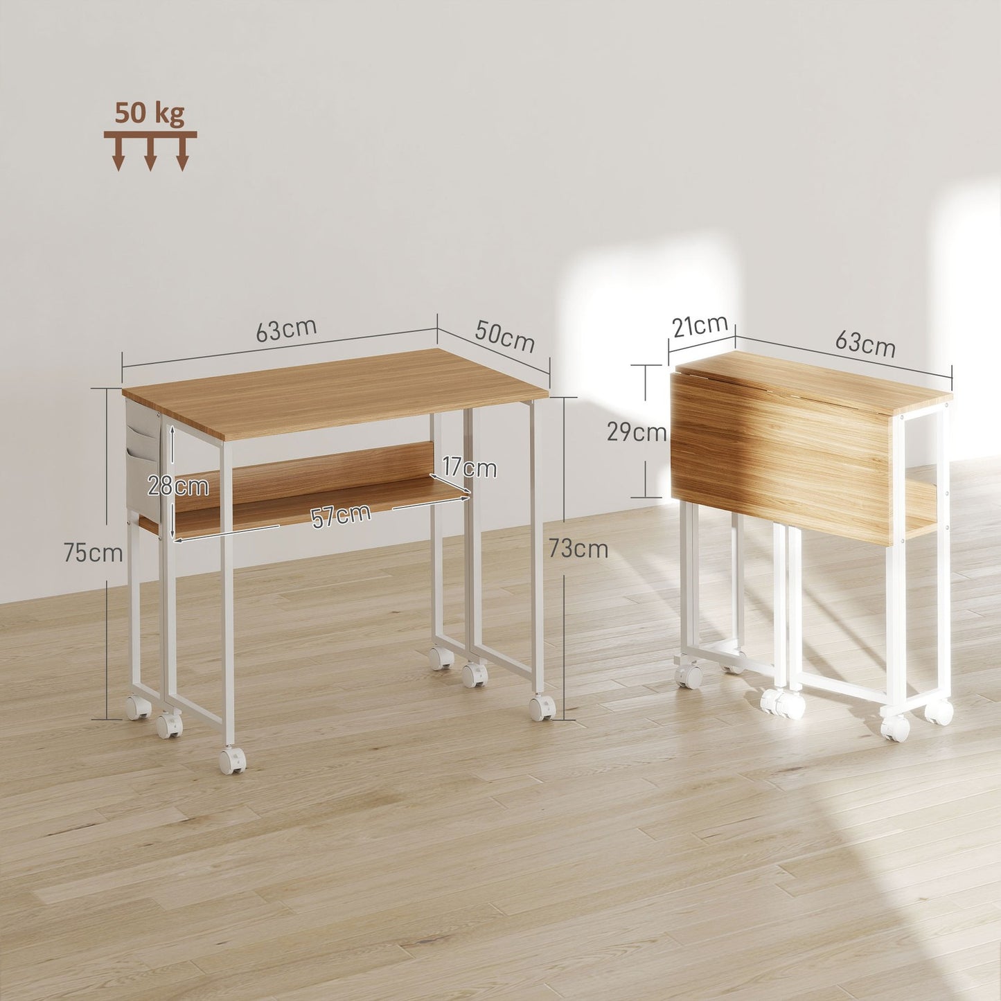 Foldable desk, convertible to side table, open shelf, natural