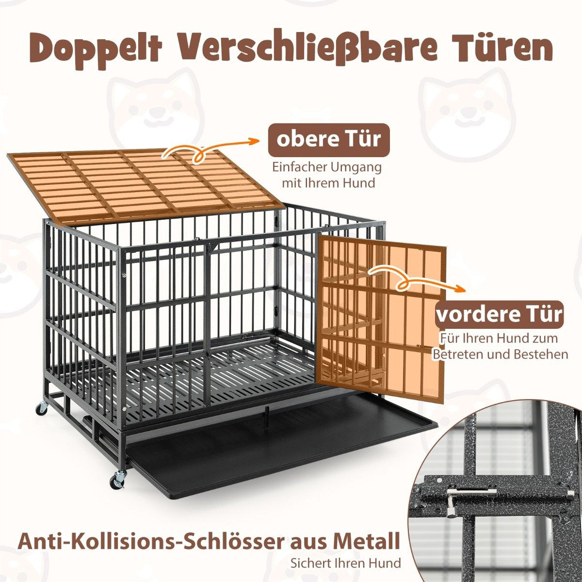 Foldable dog cage with 2 doors & Roles & extendable tray transport cage transport box 120 x 76 x 90 cm