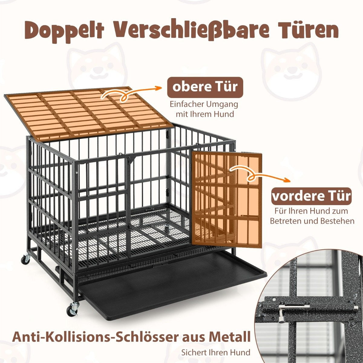 Foldable dog cage with 2 doors & Roles & extendable tray transport cage transport box 96 x 65 x 77 cm