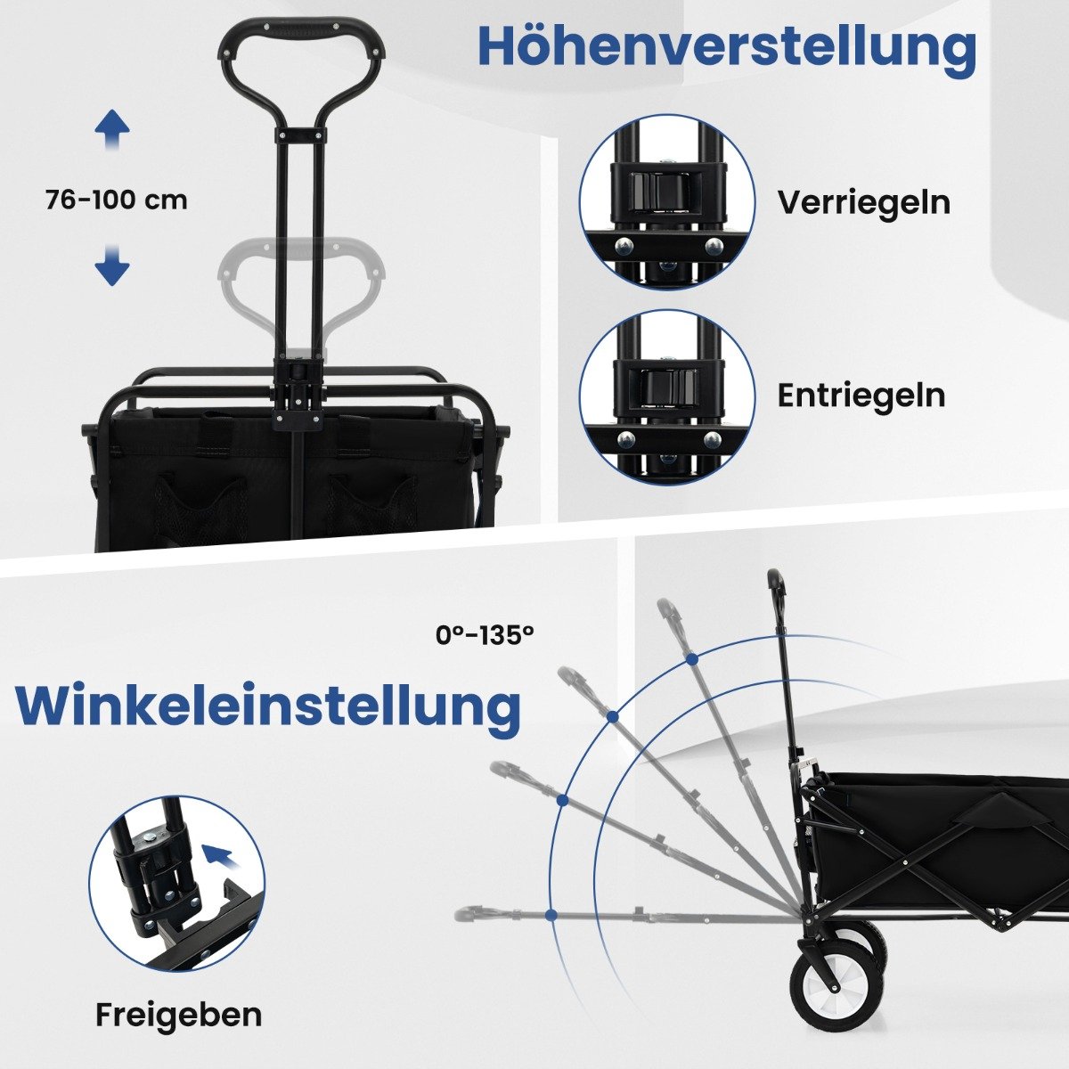 Foldable handcart with adjustable handle and cup holders can hold up to 68 kg for shopping, camping, black