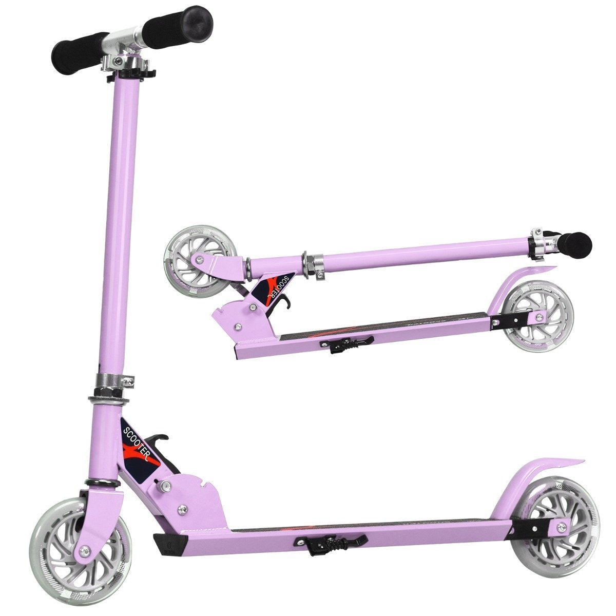 Foldable height-adjustable children's scooter with 2 flashing wheels for children aged 4 and over purple