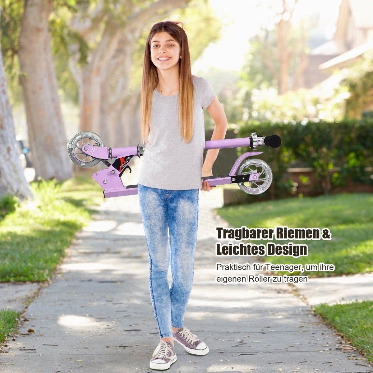 Foldable height-adjustable children's scooter with 2 flashing wheels for children aged 4 and over purple