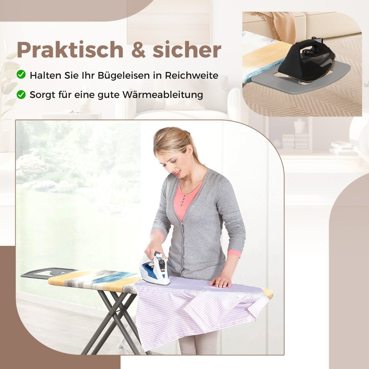 Foldable ironing board with iron rest & 7 Adjustable height ironing board load capacity up to 30kg Blue and yellow L