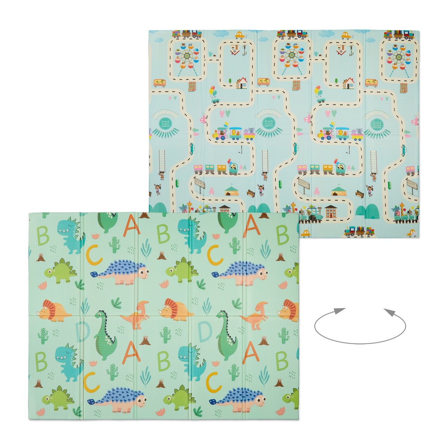 Foldable play mat with dinosaur and train