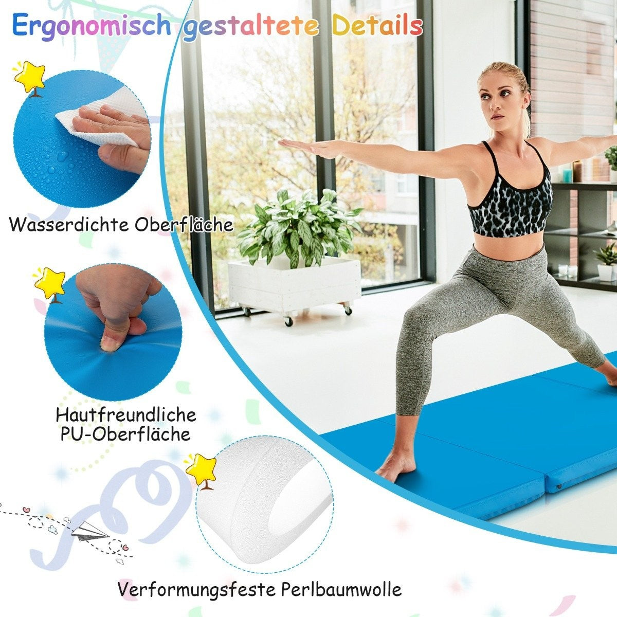 Foldable soft floor mat with 2 handles Non-slip gymnastics mat 180 x 60 x 5 cm Blue